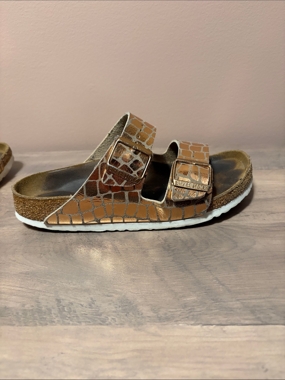 Birkenstock Metallic Bronze Croc-Embossed Double Buckle Sandals - Picture 8 of 8